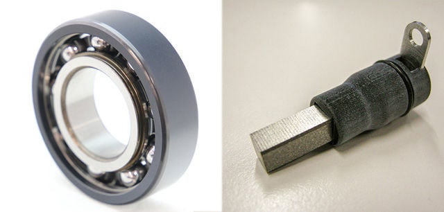 Overmolded bearing (left), Conductive brush (right)