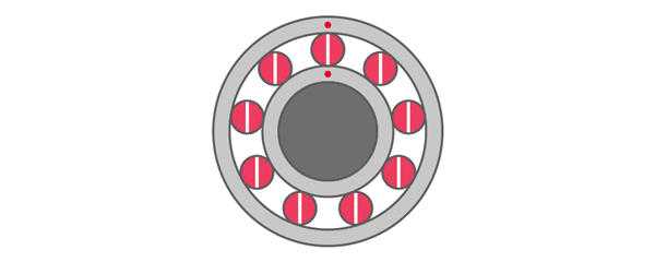 Animação de um rolamento em operação. Um anel e os elementos rolantes (esfera ou elemento) se movem junto com a rotação do eixo, enquanto o outro anel permanece estacionário.