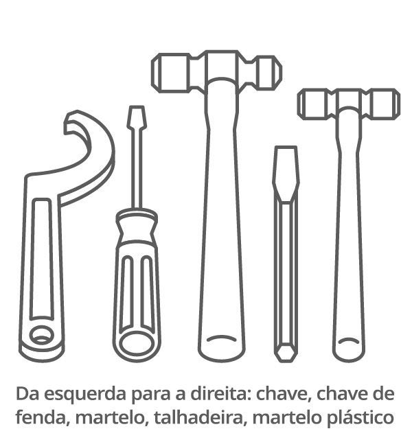 Uma linha de ferramentas manuais de montagem (chave inglesa, chave de fenda, martelo, cinzel e martelo de plástico.)