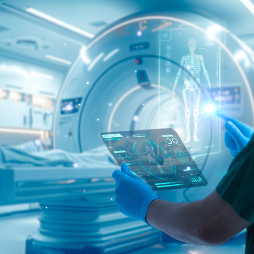 Medical, MRI, MRT, Imaging, Doctor work with tablet computer,digital healthcare technology,system analysis network connection hologram virtual screen interface,online medical examination analysis report,surgical operation room