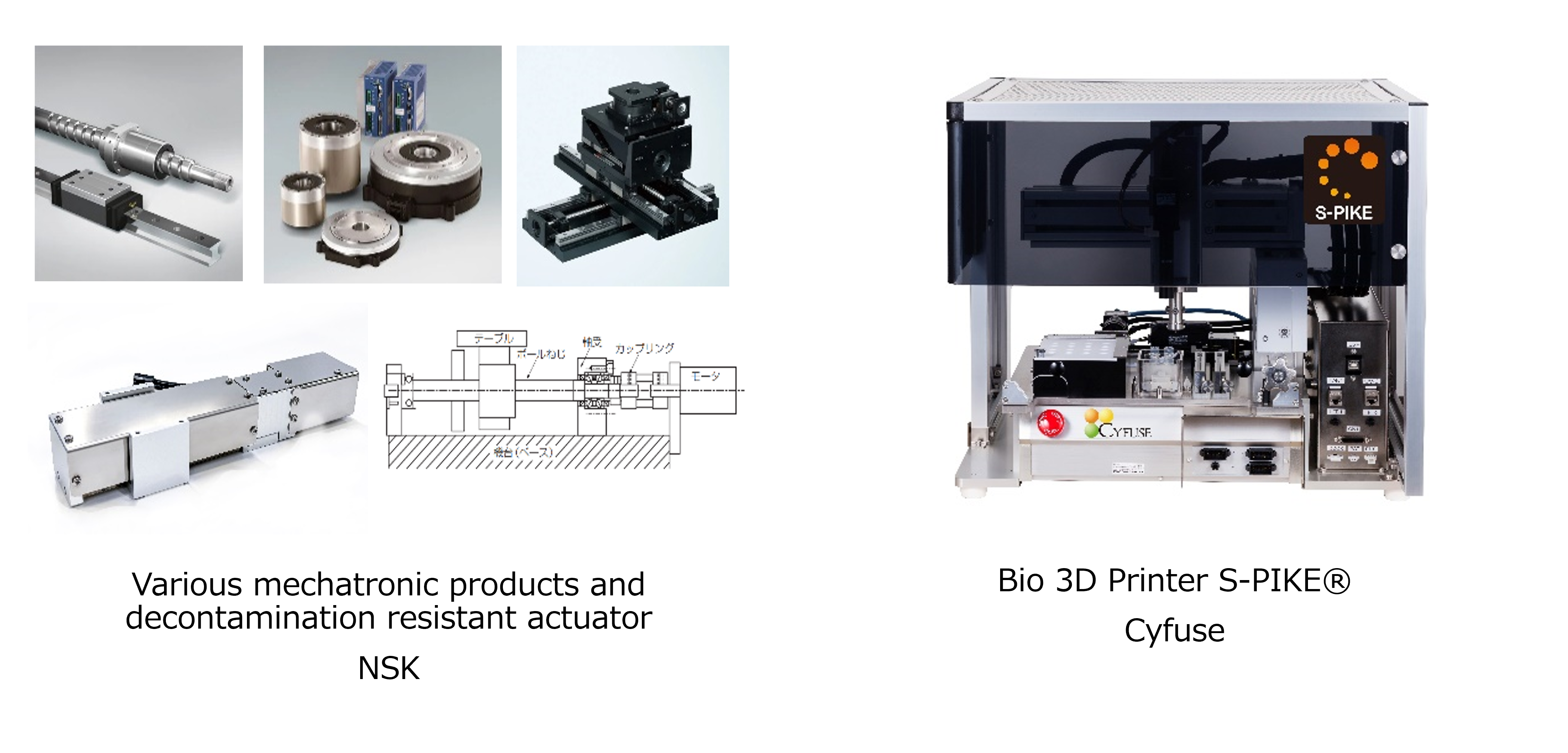 Various mechatronic products and decontamination resistant actuator NSK , Bio 3D Printer S-PIKE® Cyfuse