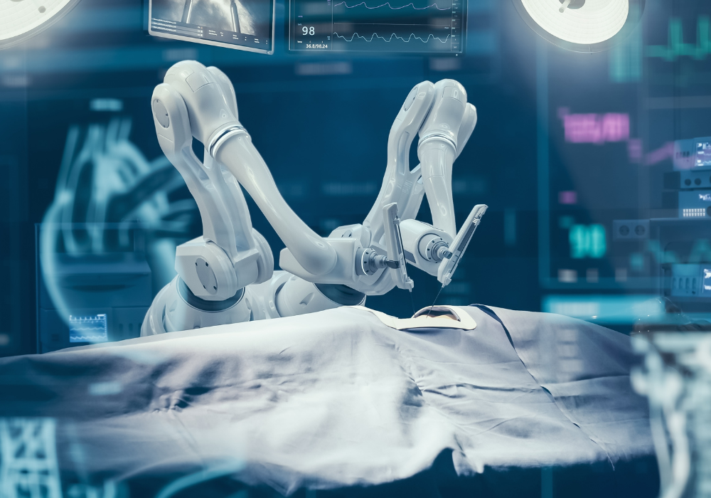 Medical, Robotic, Surgery, Two Surgeons Observing High-Precision Programmable Automated Robot Arms Operating Patient In Futuristic Hospital. Robotic Limbs Performing Advanced Nanosurgery, Doctors Looking At Vitals On Monitor