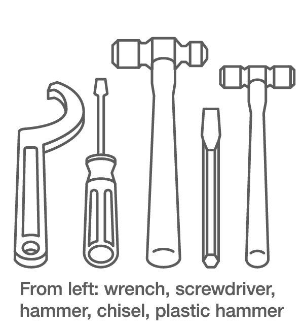 Handheld Mounting Tools A lineup of handheld mounting tools (wrench, screwdriver, hammer, chisel, and plastic hammer.)