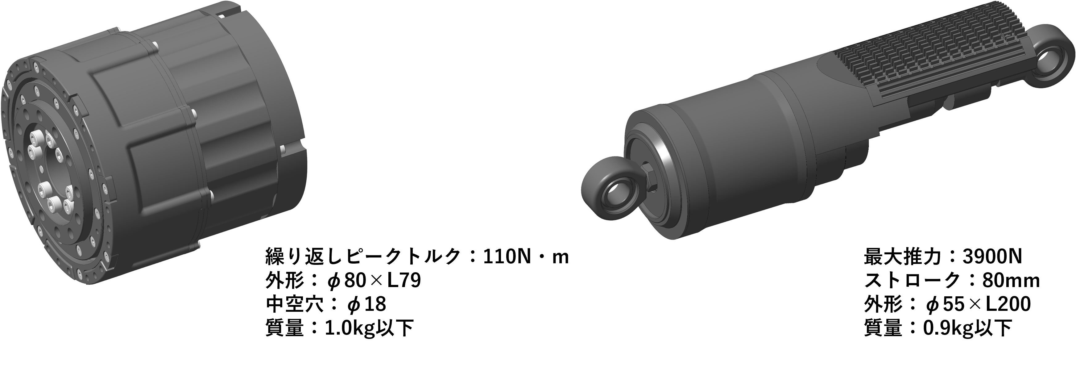 新開発したロータリーアクチュエータ（写真左）とリニアアクチュエータ（写真右）：　いずれも展示会初出展