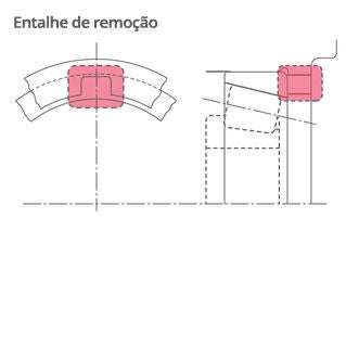 Seção transversal 2D da posição do rolamento de rolos cônicos e dos entalhes de remoção no ressalto da carcaça. Esses entalhes permitem o uso de uma ferramenta de remoção para desmontar o anel externo.