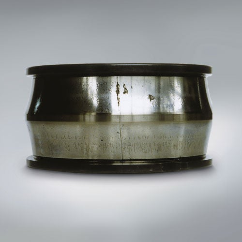 Troubleshooting, Spherical Roller Bearing, Cracks, Inner-Ring Fracture evident on the through-hardened inner ring of a spherical roller bearing due to hoop stress