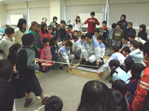 Experiment on friction involving pulling an adult