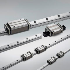 The photo shows items from the NH and NS Series of high-performance standard linear guides