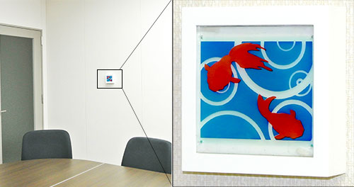 Image of environmental monitoring terminal using DSSC panel with superior design (Left: Photo of external appearance; Right: Example of installation on wall)