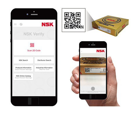 2D bar codes ("QR codes") are printed on bearing packaging, scan with the "NSK Verify" app